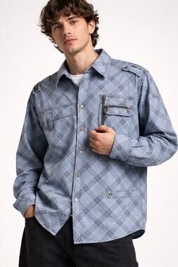 FUSAI Utility Shirt Mens XXL Blue Plaid Button Down Zip Pocket Military Style